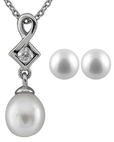 Splendid Pearls Silver 6.5-7mm Freshwater Pearl & CZ Earrings & Necklace Set Set