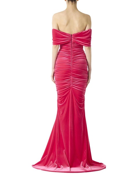 Monique Lhuillier Off the Shoulder Ruched Silk-Lined Gown