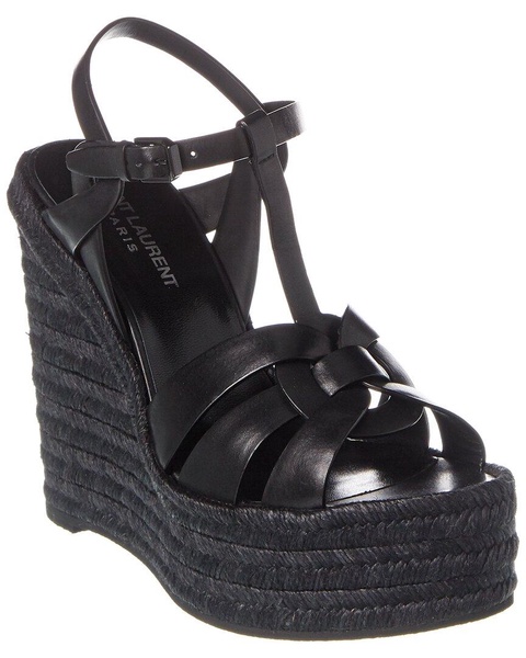 Saint Laurent Tribute 85 Leather Espadrille Wedge Sandal