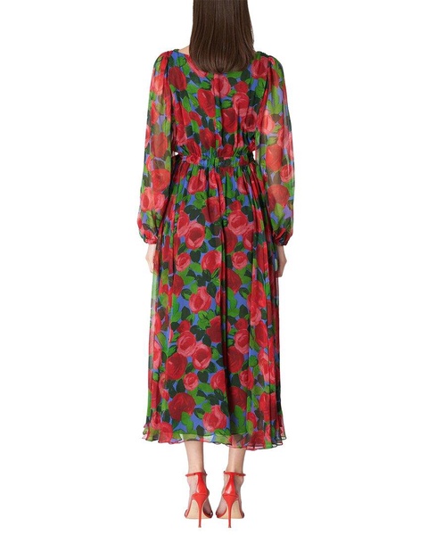 Carolina Herrera V-Neck Faux Wrap Silk Midi Dress