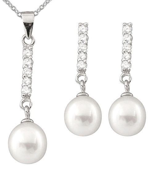 Splendid Pearls Rhodium Plated Silver 8-9mm Freshwater Pearl & CZ Drop Earrings & Necklace Set