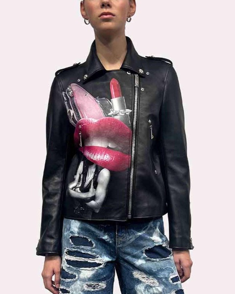 100% Leather Jacket With Heat Pressed Print. Decentralised Fastener By Contrasting Zip.