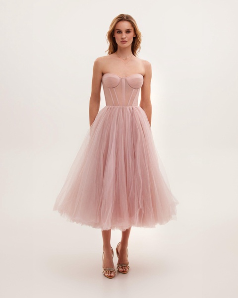 Misty Rose Strapless Puffy Midi Tulle Dress