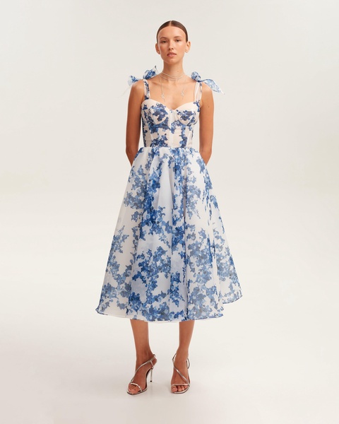 Charming blue hydrangea-patterned organza midi dress, Garden of Eden