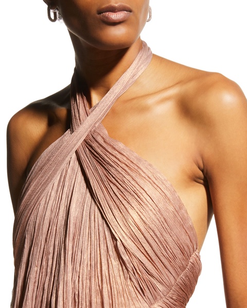 Zadie Metallic Silk Plisse Ruffle Halter Gown