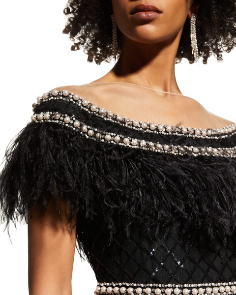 Beaded Off-The-Shoulder Illusion Midi Dress w/ Feather Trim