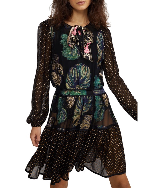 Inverness Mixed Media Fish Blouson-Sleeve Dress