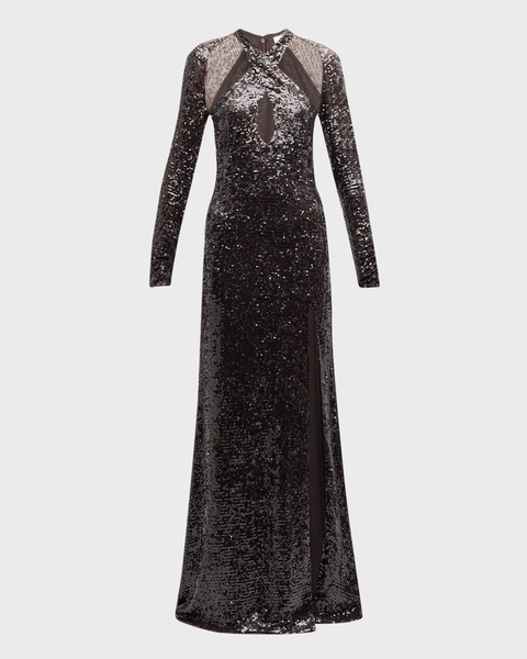 Sequined Long-Sleeve Keyhole Halter Gown