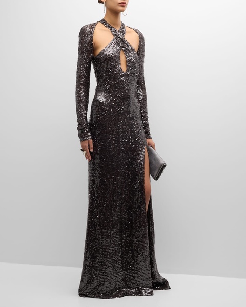 Sequined Long-Sleeve Keyhole Halter Gown