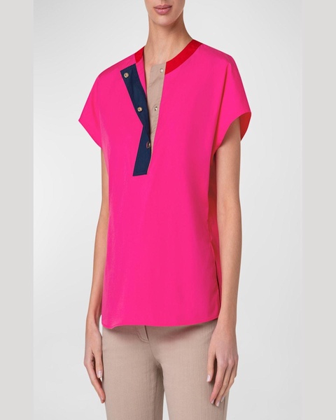 Colorblock Short-Sleeve Cotton Poplin Blouse