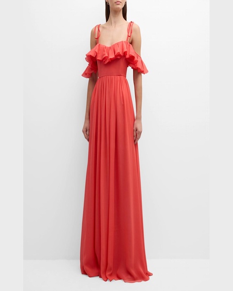 Ruffle Off-The-Shoulder Silk Georgette Gown