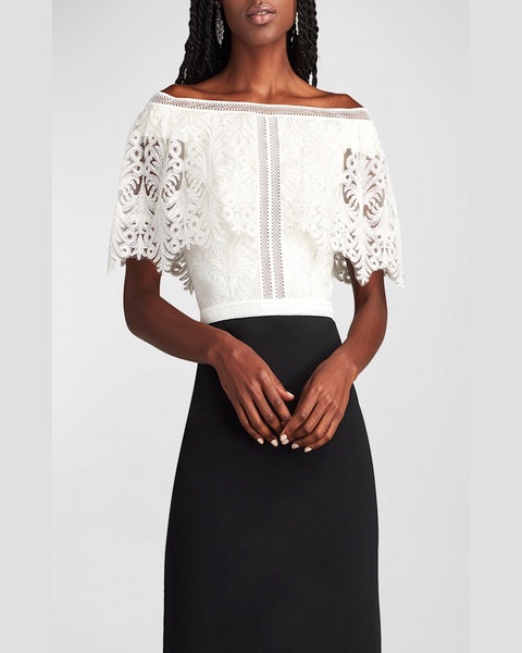 Off-Shoulder Corded Lace & Crepe Midi Dress