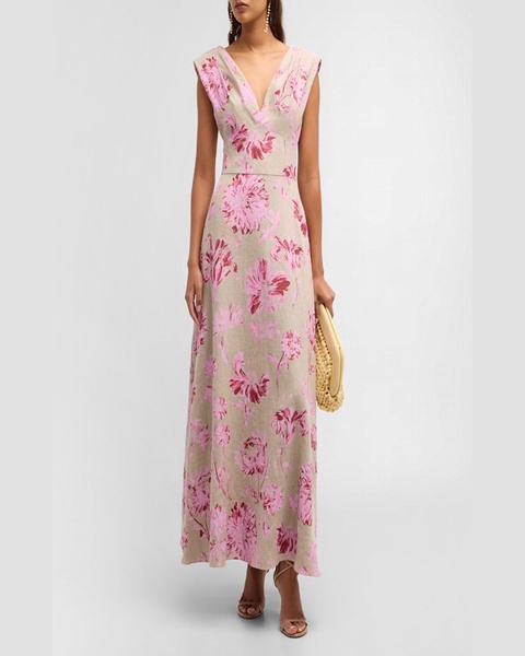 V-Neck Floral-Print Sleeveless Empire-Waist Maxi Dress