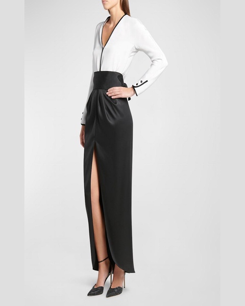 Bicolor Tuxedo Silk Column Gown with Sash