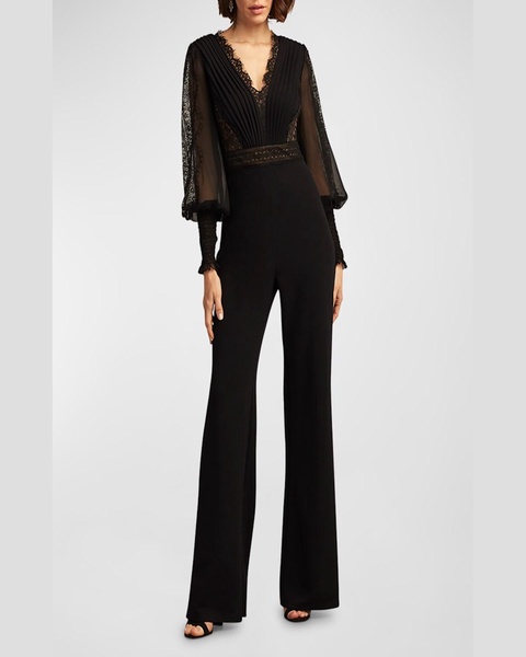 Pleated Lace-Inset Crepe Jumpsuit