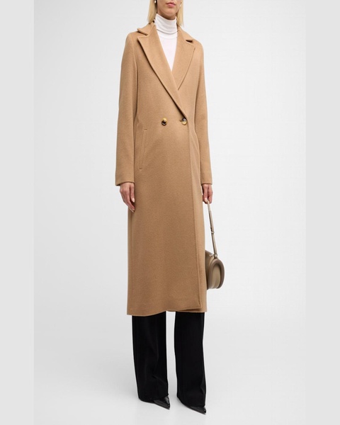 Double-Breasted Long Camel Wool Coat