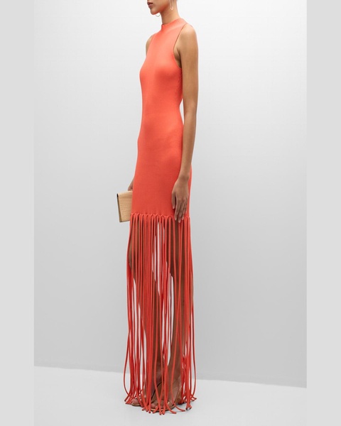 Sleeveless Crepe Matte Ribbed Fringe Maxi Dress