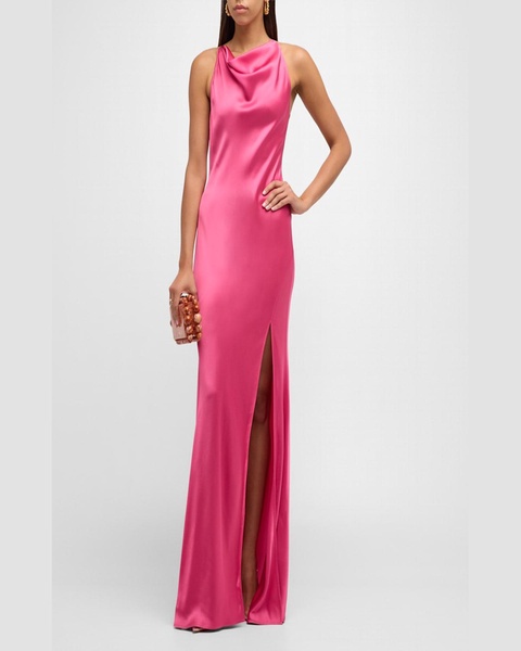 Cowl-Neck Sleeveless Slit-Hem Doubleface Satin Gown