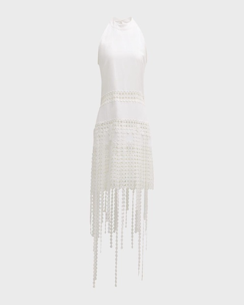 Althea Fringe Lace-Trim Halter Mini Dress