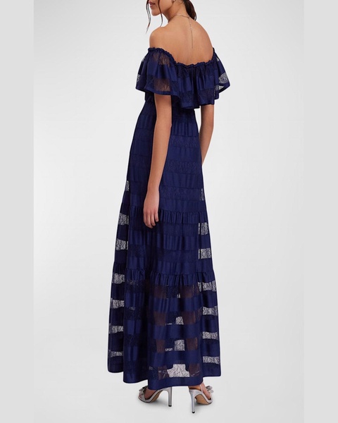 Valeriane Off-Shoulder Striped Lace Maxi Dress