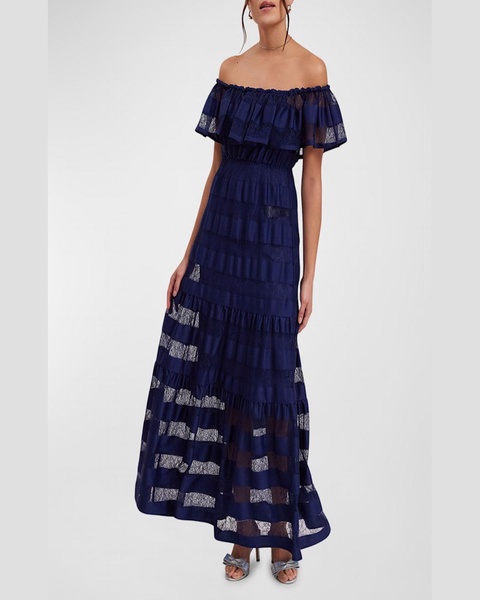 Valeriane Off-Shoulder Striped Lace Maxi Dress