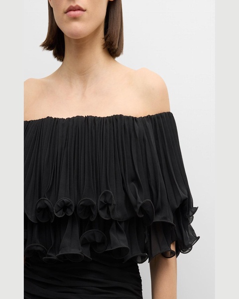 Milan Ruched Off-Shoulder Ruffle Mini Dress