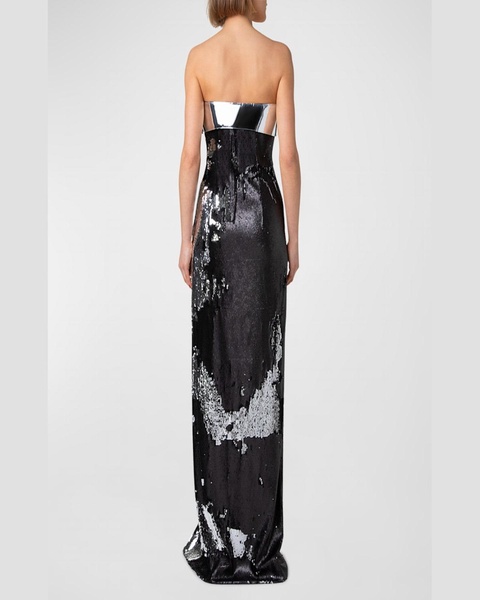 Leather-Wave Strapless Bicolor Sequined Slit Gown