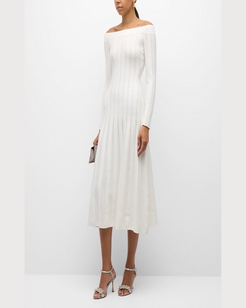 Off-The-Shoulder Long-Sleeve Pointelle Knit Godet Maxi Dress