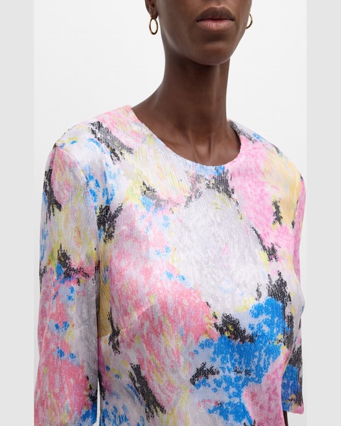 Painted Floral Sequin Mesh Sequin Fitted T-Shirt 