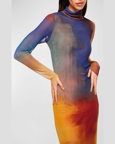 Liv Ombré Mesh Turtleneck Long-Sleeve Midi Dress