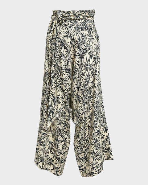 Yuki Flower-Print Wrap-Waist Wide-Leg Crop Linen Pants