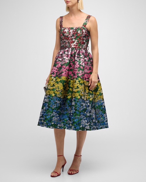 Iris Metallic Floral Jacquard Belted Midi Dress