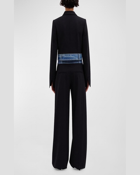 Deconstructed Denim-Waist Wide-Leg Wool Trousers