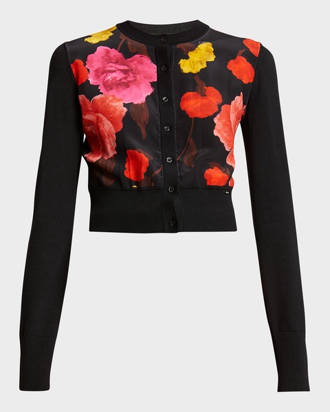 Floral Silk-Inset Crop Cardigan