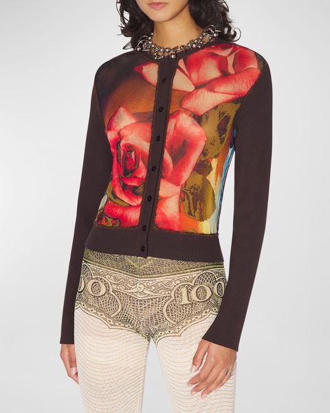 Roses-Print Long-Sleeve Crewneck Cardigan