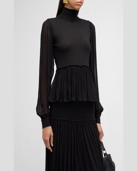 Liana Sheer-Sleeve Wool and Silk Combo Turtleneck Top