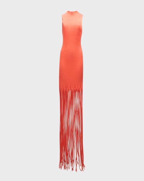 Sleeveless Crepe Matte Ribbed Fringe Maxi Dress