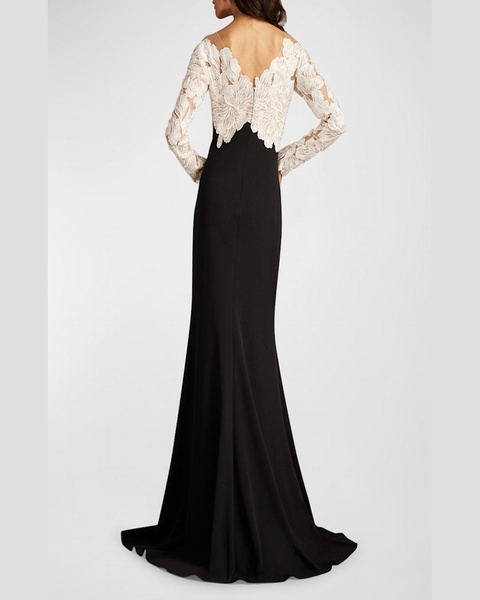 Floral-Embroidered Crepe Trumpet Gown