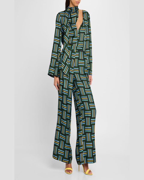 Graphic Drapes I Geometric-Print Twill Pants