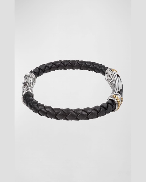 18K Gold/Silver Braided Leather Ferrite Bar Bracelet