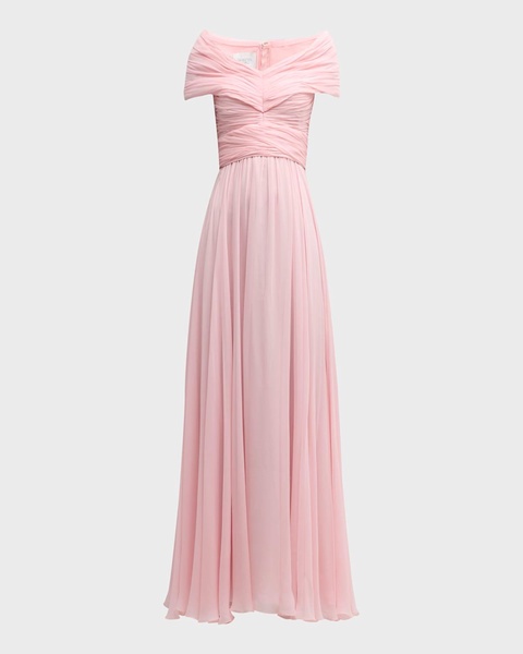 Pleated Off-The-Shoulder Silk Georgette Gown