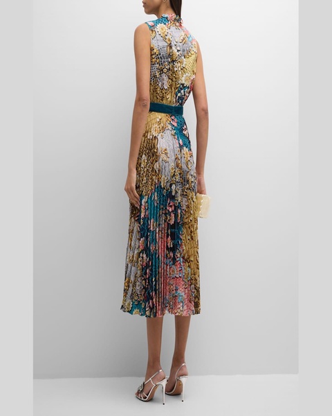 Hollie Floral Animal-Print Pleated Sleeveless Midi Dress