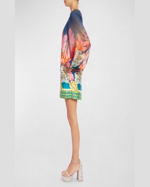 Botanical-Print Balloon-Sleeve Mini Dress