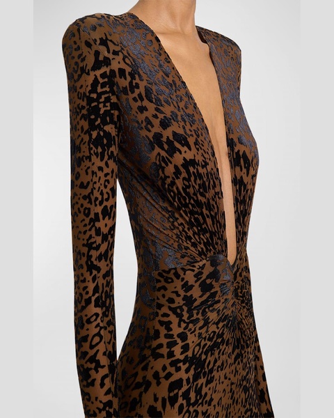 Ruched Plunging Long-Sleeve Leopard Burnout Catsuit