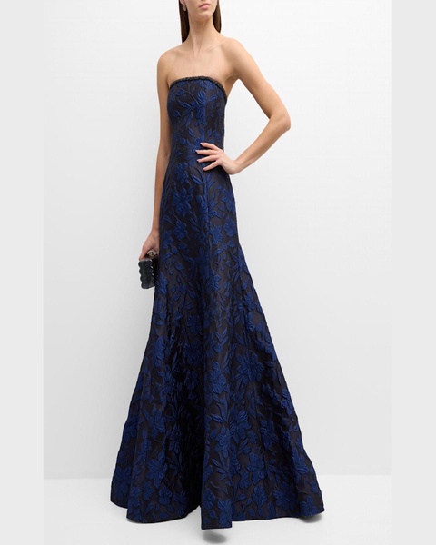 Blue Jacquard Gown with Embroidered Detail 