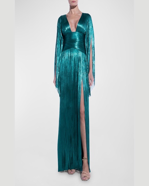 Alana Plunging Long-Sleeve Metallic Plisse Slit Gown