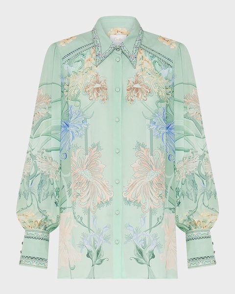 Floral Silk Button-Front Blouson-Sleeve Blouse