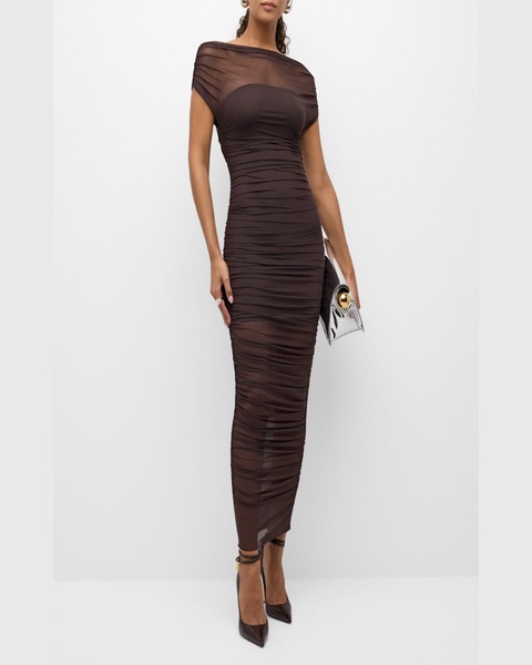 Noel Gathered Mesh Maxi Dress