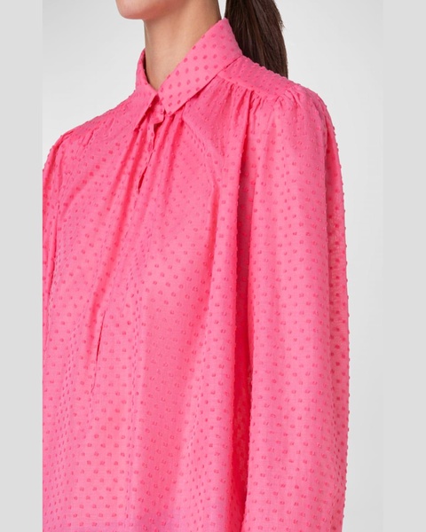 Swiss Dot Techno Crepe Long-Sleeve Collared Blouse