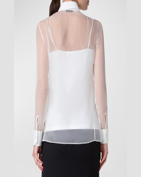 Cotton-Bib Silk Organza Button-Down Blouse With Tank Top